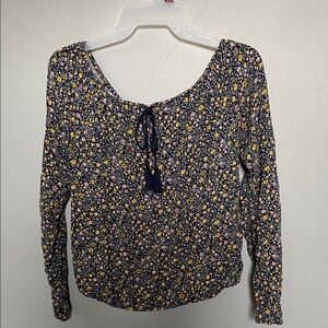 Hollister XS Off The Shoulder floral boho peasant tassel blouse preppy spring